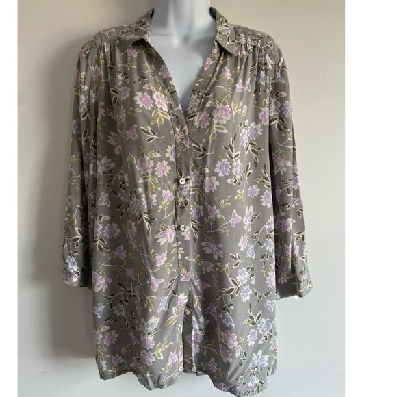 JJill Gray Floral Button Front Blouse Women’s Size M Rayon Tunic Top - Picture 1 of 9